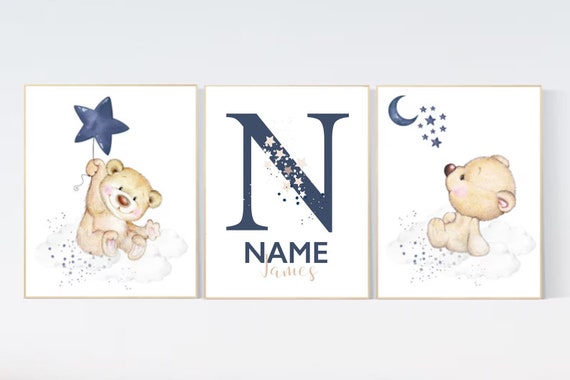 Nursery decor bear, nursery decor boy, bear nursery print, teddy bear decor, nursery wall art animals, boy nursery wall decor, navy blue