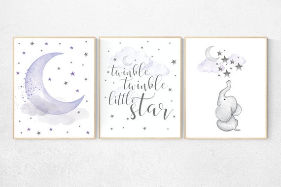 Nursery decor girl lavender and gray, Nursery decor girl purple, elephant nursery, lilac nursery, twinkle twinkle little star purple nursery