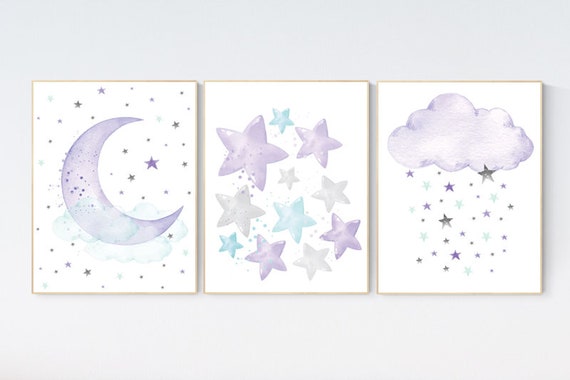 Nursery decor girl purple, turquoise, moon and stars, lilac, teal, nursery art. baby room, girl nursery decor, stars nursery, purple mint