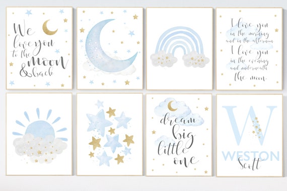 Nursery decor boy, blue and gold nursery, rainbow nursery, boys room decor, blue nursery wall art, cloud and stars, baby room decor