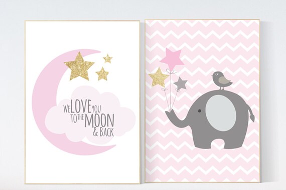 We love you to the moon and back, Elephant nursery decor, pink gold nursery, Baby girl nursery decor, girls room wall art nursery girls room