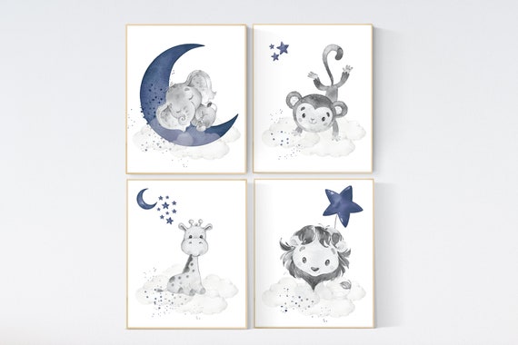 Nursery wall art animals, elephant, giraffe, lion, boy nursery decor, navy nursery, animal prints, navy blue nursery, animal nursery