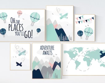 Adventure Awaits Nursery Art Print Set: Mountain Airplane World Map