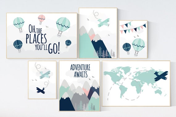 Adventure awaits nursery, Mountain art print set, navy mint coral, Adventure nursery, mountain, airplane, world map, hot air balloon
