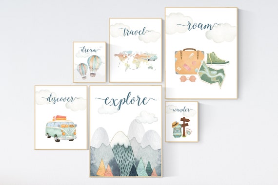 Travel nursery print, Explore nursery wall art, Baby boy nursery, Adventure Set of 6 prints, Camping Prints, Adventure Nursery Decor