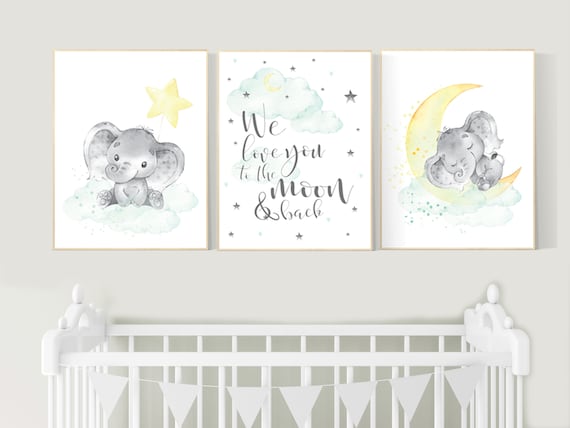 Mint and yellow nursery, gender neutral nursery wall art, moon and stars nursery, baby room decor, twin nursery, mint yellow nursery art