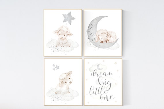 Sheep nursery decor, Gray nursery decor, nursery decor lambs, nursery wall art sheep, moon and cloud wall art nursery gender neutral nursery