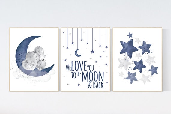 Nursery decor elephant, navy nursery decor, we love you to the moon and back, moon and stars, navy blue nursery art, elephant nursery art