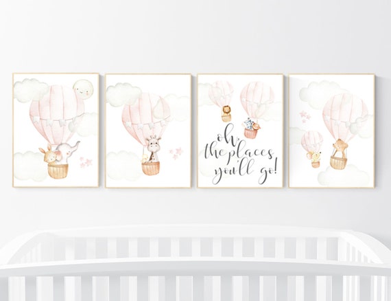 Blush nursery wall art, Nursery decor girl, hot air balloon nursery, blush pink nursery, nursery decor woodland animals, hot air balloon