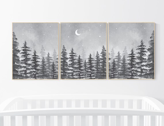 Nursery decor woodland, gender neutral, forest, adventure theme nursery, tree nursery, forest nursery, mountains, gray, grey, nursery art