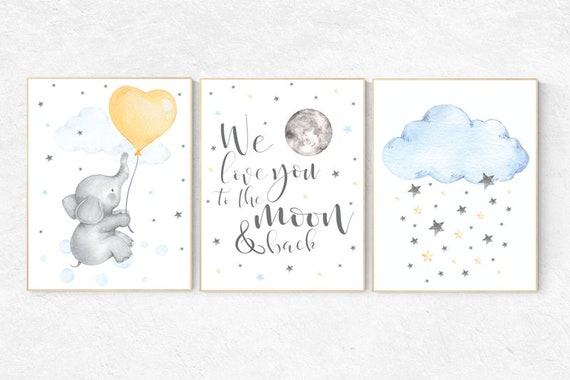 Nursery wall art elephant, nursery decor neutral, moon and back, cloud and stars, moon nursery decor, gender neutral, baby room print