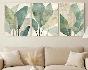 Tropisches Blatt Kunstdruck Set – Neutralgrüne botanische Wanddekoration