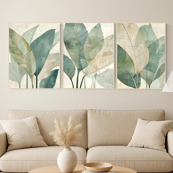 Tropical Leaf Wall Art Set – Neutral Green Botanical Prints for Living Room, Mid Century Modern Jungle Plant Decor (Set of 3)