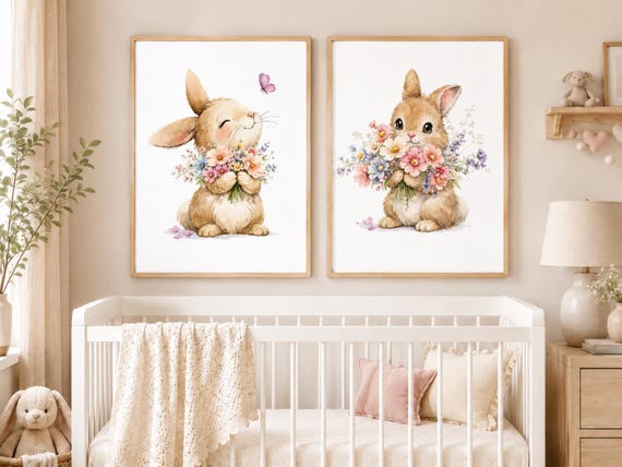 Bunny Nursery Print: Floral Watercolor, Wildflower Decor