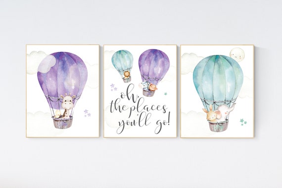 Nursery decor girl woodland, hot air balloon nursery purple and mint, hot air balloon nursery animal, lilac, elephant, giraffe, bear, bunny