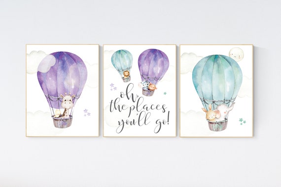 Nursery decor girl woodland, hot air balloon nursery purple and mint, hot air balloon nursery animal, lilac, elephant, giraffe, bear, bunny