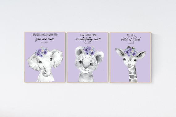 Purple nursery, girl nursery decor, animal nursery, Safari animals, purple Nursery Prints, elephant nursery, giraffe nursery, verse print