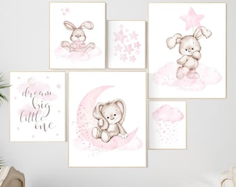 Watercolor Bunny Nursery Print Set: Pink Rabbit Decor