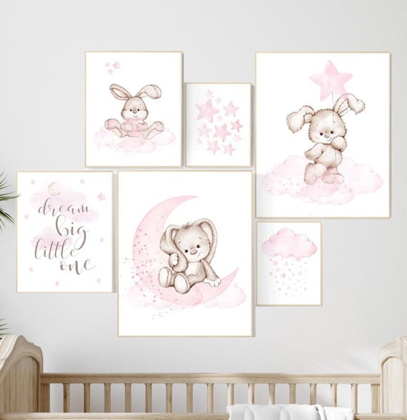 Rabbit nursery print, nursery print set girl, pink, watercolor bunny nursery print, Nursery decor girl bunny, Nursery wall art girl,