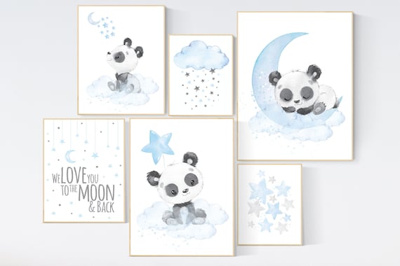 Nursery decor panda, nursery wall art boy, Blue grey, cloud and stars nursery, panda bear nursery art, moon nursery art, baby room wall art