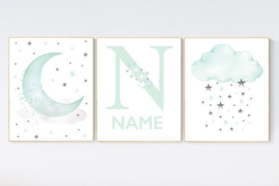 Mint nursery decor, mint green nursery decor, mint green nursery, moon and stars nursery, gender neutral, baby room wall art, star nursery