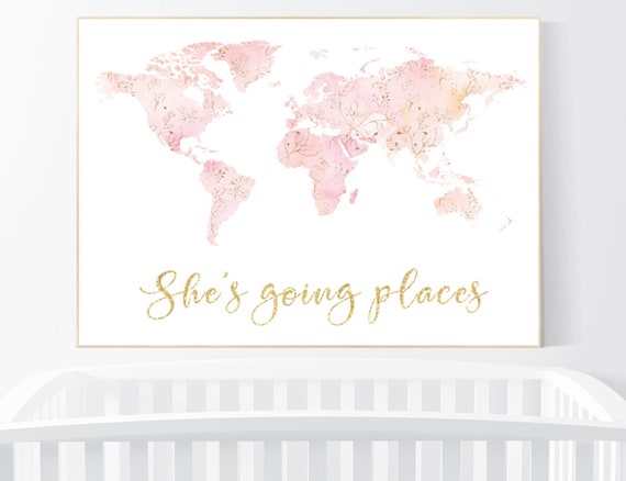 Pink watercolor world map, blush gold, Nursery baby girl room, nursery wall art map, blush nursery, nursery decor girl map print, floral