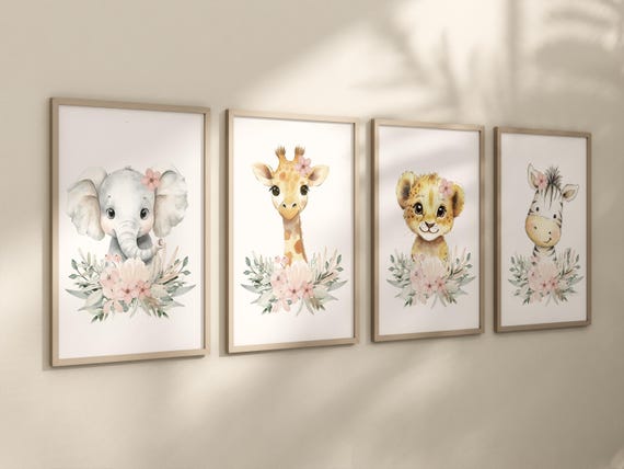 Safari Nursery Prints: Blush Pink Lion, Elephant, Giraffe, zebra Wall Art