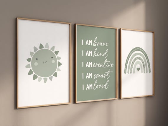 Nursery decor Boho, rainbow nursery, sage nursery, boys room decor, sage green nursery, I am brave, heart print, gender neutral nursery