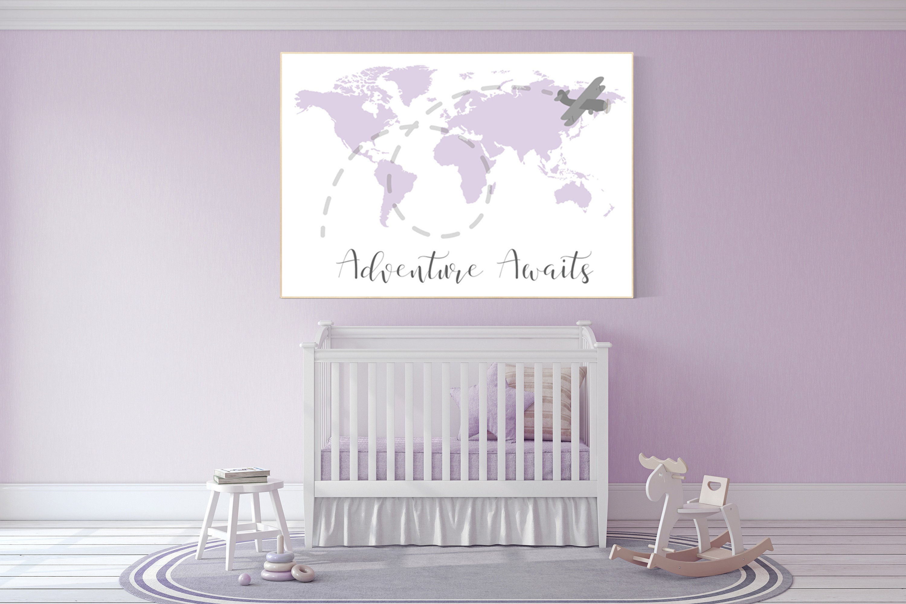 DIGITAL DOWNLOAD Purple Bedroom Decor Baby Girls Nursery Wall Art, Lilac Nursery Wall Art Lavender Nursery Deco Travel Nursery Prints