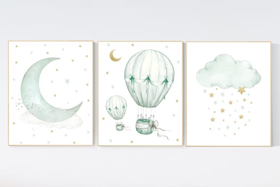 Sage green Nursery decor, green gold baby nursery, nursery decor boy and girl, cloud and star nursery, moon nursery decor, gender neutral