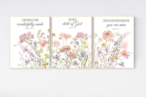 Boho Nursery wall art, Wildflower Nursery Decor, Floral Nursery, Girl Nursery Decor, blush and lilac, bible verse, christian wall art
