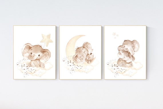 Gender neutral nursery, elephant nursery wall art, moon and stars, gender neutral, beige nursery art, baby room decor, neutral colors