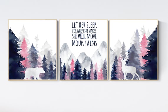 Nursery decor woodland, mountain wall art, tree nursery decor, adventure theme nursery, forest, navy, blush woodland animals, forest