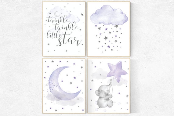 Nursery decor girl elephant, purple, lavender, lilac, twinkle twinkle little star, cloud and stars nursery wall art, baby decor for nursery