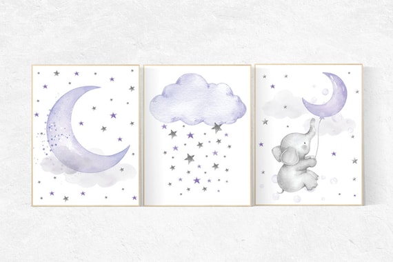 Elephant nursery, Nursery decor girl purple, nursery decor girl lavender and gray, lilac nursery, purple nursery, cloud, moon and stars