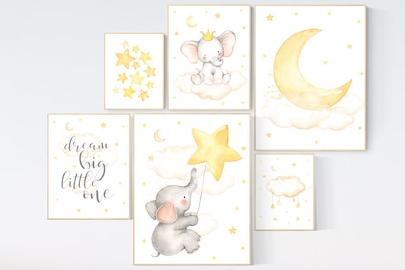 Nursery decor elephant, nursery wall art neutral, twinkle twinkle little star, baby wall art elephant, baby room decor, moon and stars