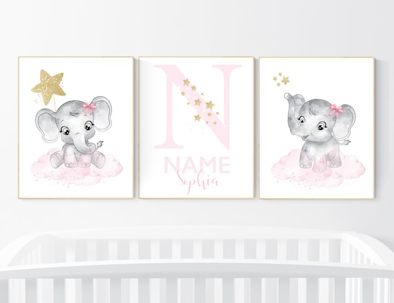 Girl nursery decor, pink and gold, elephant nursery prints, nursery wall art girl, baby girl elephant nursery decor, name nursery, pink gold