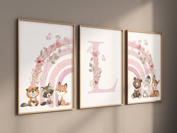 Rainbow nursery, girl nursery, woodland animals, floral nursery, name print, Girl Nursery Decor, rainbow wall art, woodland prints