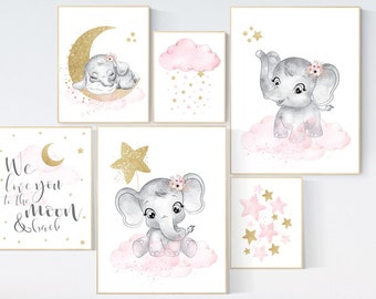 Nursery wall decor girl, elephant, pink gold nursery art, elephant nursery decor girl, elephant nursery print, pink and gold, floral nursery