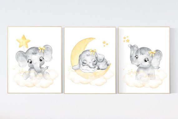 Nursery decor girl yellow, nursery wall art elephant, yellow gray, grey, elephant balloon, girl nursery decor, yellow nursery, animal prints