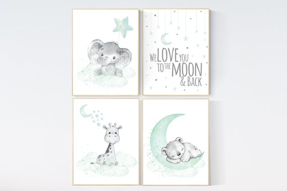 Nursery decor elephant, giraffe, bear, nursery wall art gender neutral, Mint nursery decor, nursery decor twins, mint green nursery prints