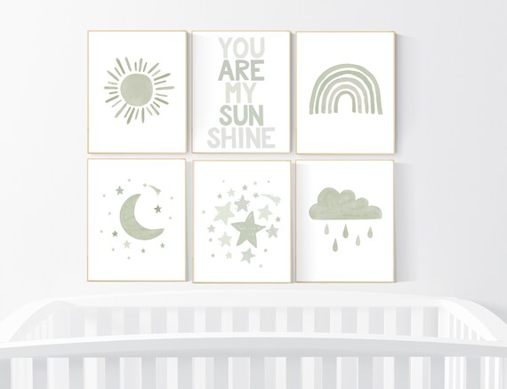 Nursery prints rainbow, gender neutral, sage green nursery wall decor, rainbow, sun, your are my sunshine, nursery decor neutral, green