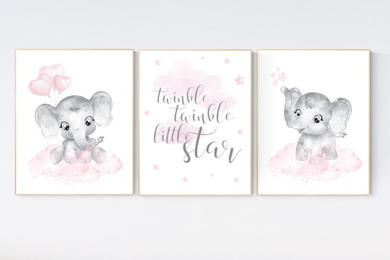 nursery decor elephant girl, baby room decor girl, nursery wall art elephant, pink gray elephant nursery, nursery prints elephants, set of 3