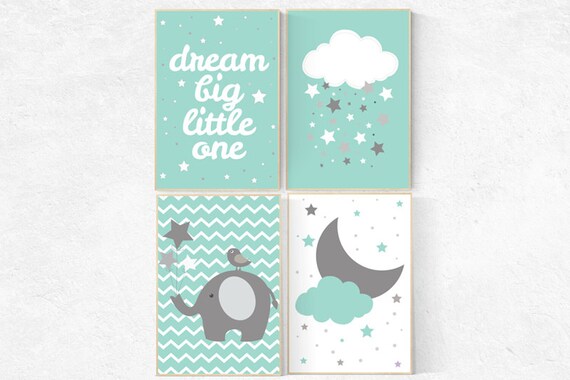 Dream Big Little One, Baby Nursery Art Pint Set, Set of 4 prints, nursery decor, Mint Green Nursery, cloud nursery, mint nursery decor