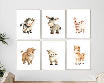Farm Animal Nursery Prints Set of 6, Baby Farm Animals Wall Art