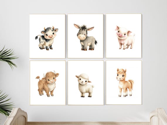 Farm Animal Nursery Prints Set of 6, Baby Farm Animals Wall Art