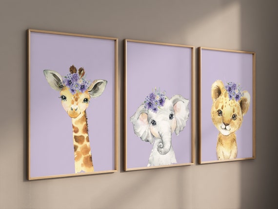 Purple nursery, girl nursery decor, animal nursery, Safari animals, purple Nursery Prints, elephant nursery, giraffe nursery, bear nursery