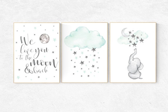 Elephant nursery, we love you to the moon and back, Mint nursery decor, nursery decor neutral, nursery decor boy teal, cloud and star