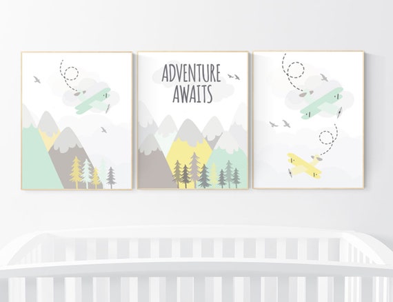 Adventure nursery decor, nursery decor airplane, world map nursery, adventure awaits, yellow mint nursery, travel theme, gender neutral