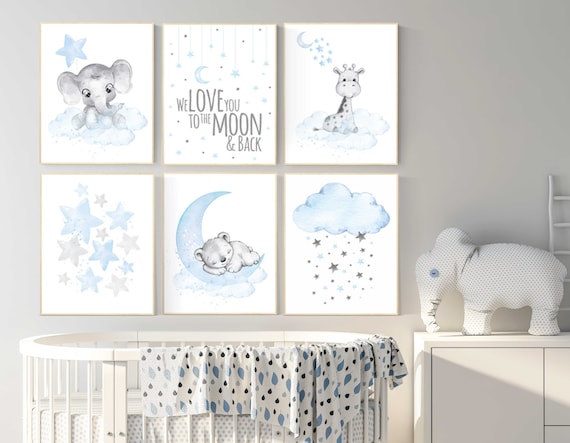 Nursery wall art bear, giraffe, elephant, animal prints, Animal nursery wall art, we love you to the moon and back, blue grey elephant